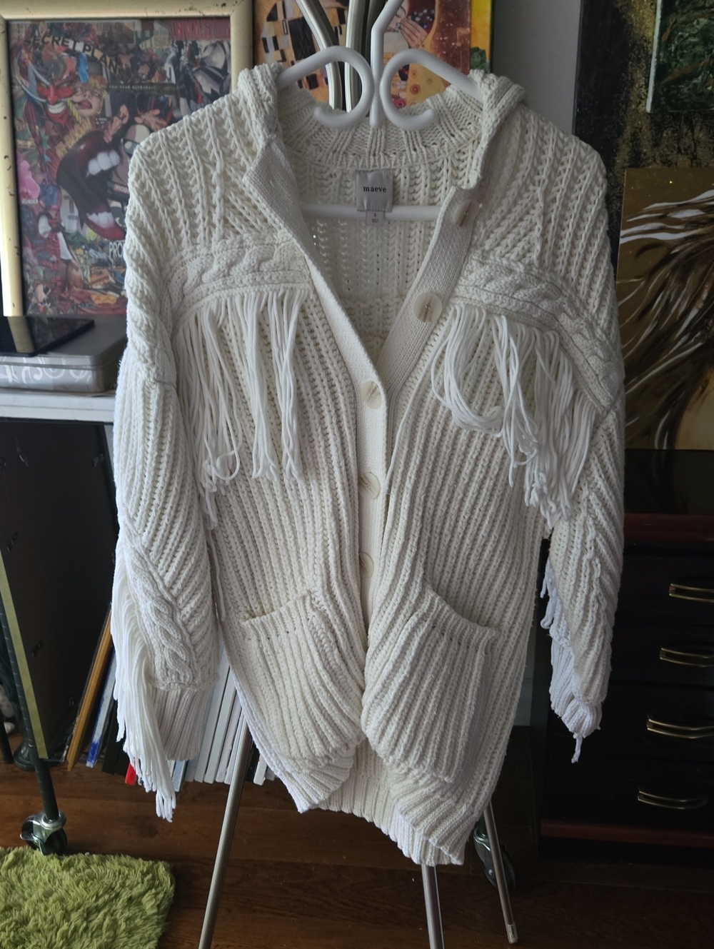 Maeve Ivory Fringe Knit Cardigan New!
